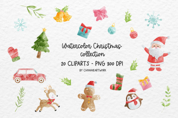 20 Christmas Watercolor Cliparts for Print Templates