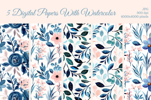 Blue Pink Watercolor Floral Pattern and Patterns