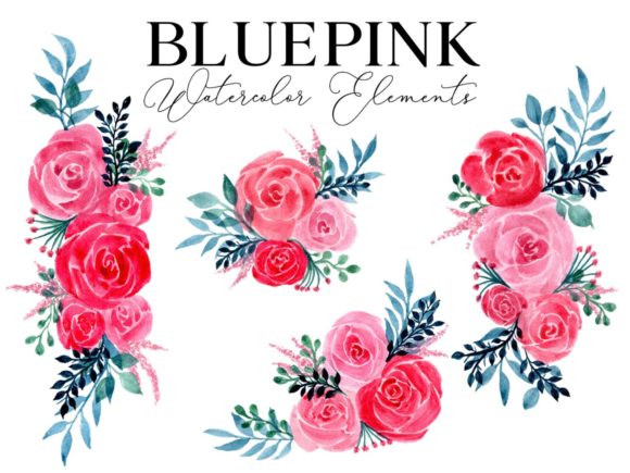 Bluepink Rose Watercolor Element and Web Elements