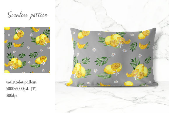 Seamless Watercolor Pattern with Lemon and Patterns