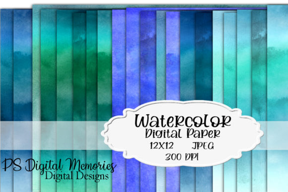 Watercolor Digital Paper Shades of Blue Backgrounds
