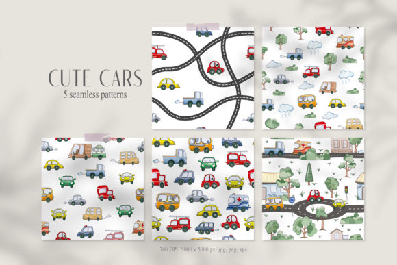 Watercolor Funny Cars Seamless Patterns