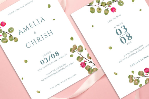 Watercolor Leaf Wedding Invitation Set and Print Templates