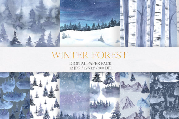Watercolor Winter Forest Digital Papers and Patterns